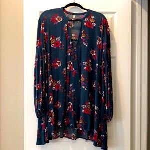 Free People Teal Floral Tunic Top, Size M